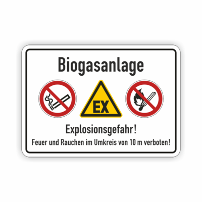 Biogasanlage, drei Symbole, Text