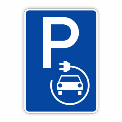 Parkplatzschild bau, weiß, E-Auto