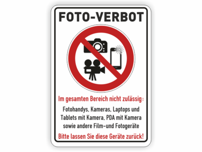 Foto-Verbot, Verbotszeichen mit Kameras und Handy und Text