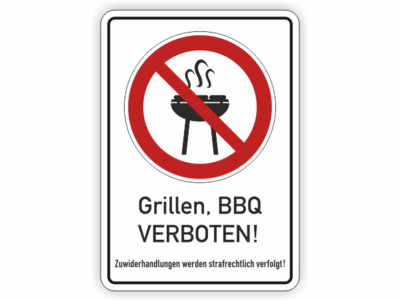 Grillen, BBQ verboten, rotes Verbotszeichen mit Grill und Text