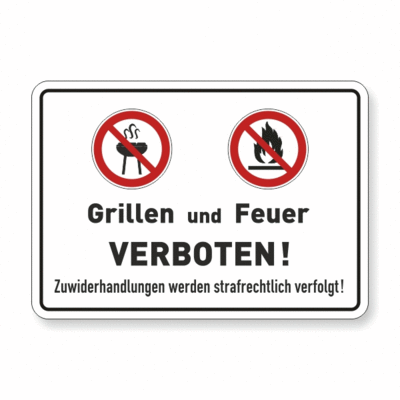 Grillen und Feuer verboten, zwei Symbole, Text