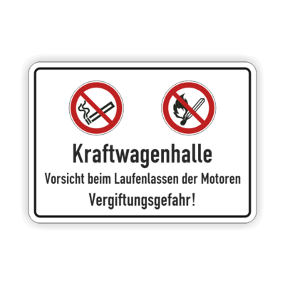Kraftwagenhalle, zwei Symbole, Rauchen verboten, Vergiftungsgefahr