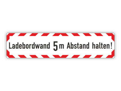 Text, Ladebordwand 5 m Abstand halten, schwarz rot