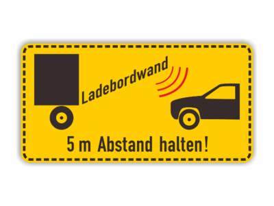 Text, Ladebordwand 5 m Abstand halten, schwarz gelb, Symbol