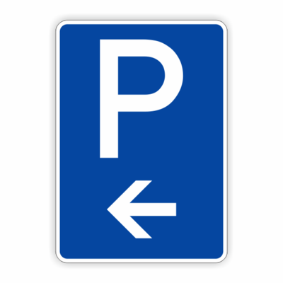 Parkplatzschild bau, weiß, mit Pfeil linksweisend