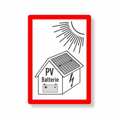 Solaranlage und Batteriesymbol, Haus, Sonne, roter Rahmen