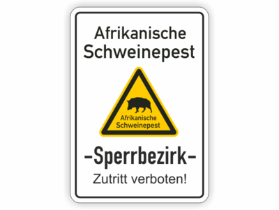 Text, Schweinepest, Sperrbezirk, Wildschwein auf gelben Dreieck