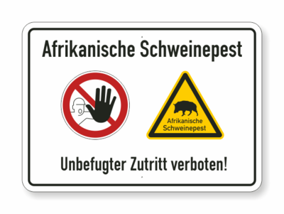 Text, Schweinepest, Zutritt verboten, zwei Symbole