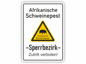 Text, Schweinepest, Sperrbezirk, Wildschwein auf gelben Dreieck